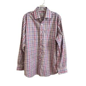 Peter Millar Button Down Dress Shirt Plaid Red White Blue Tan Men's Size Large